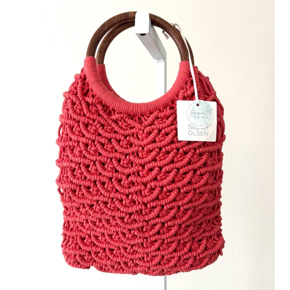 Sigrid Olsen Handcrafted Coral Crochet Tote Wooden Handles Resort Bag Lined NWT - Picture 2 of 16